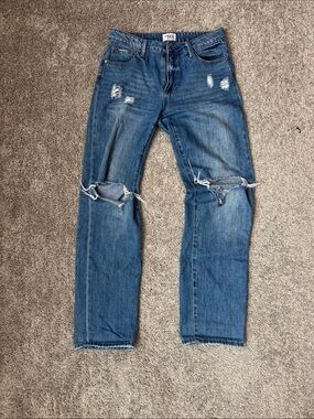 High-Rise Distressed Blue Jeans — Classic Slim Straight